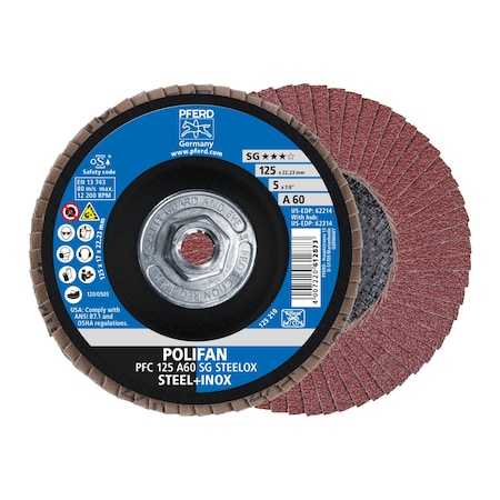 5 X 5/8-11 Thd. POLIFAN® Flap Disc - A SG STEELOX, Aluminum Oxide, 60 Grit, Conical